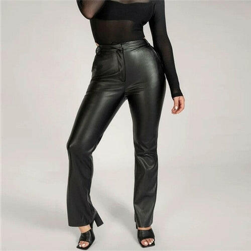 PU Leather Pants Sexy Spice Girl Button High Waist Hip Micro Pull