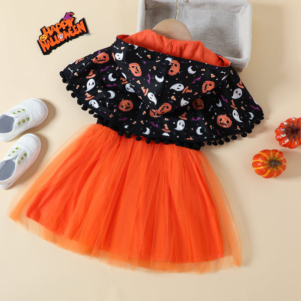 Girls Halloween Skirt And  Cloak Dress Two-piece Set