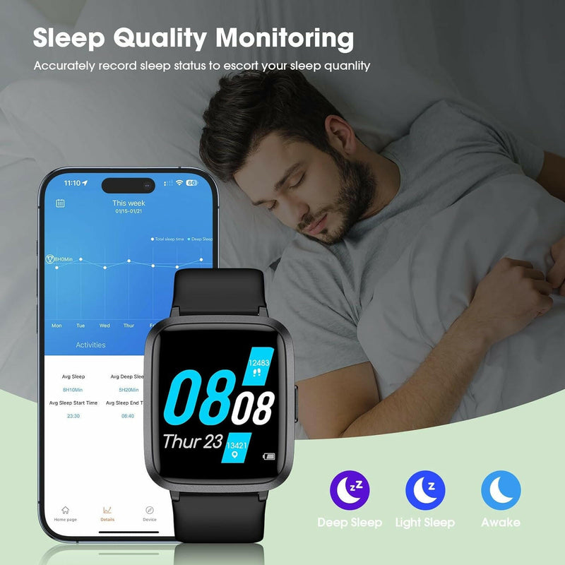 Smart Watch, Touchscreen Fitness Tracker with Heart Rate & Spo2 Monitor, Sleep Tracking, 5ATM Waterproof Pedometer Smartwatch Compatible with Iphone and Android Phones for Women Men