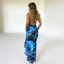 Women's Sheer Ruffle Blue Print Split Halter Backless Dress