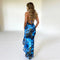 Women's Sheer Ruffle Blue Print Split Halter Backless Dress