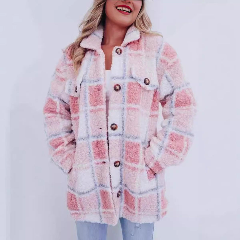 Women's Multicolor Plaid Warm Polo Collar Jacket