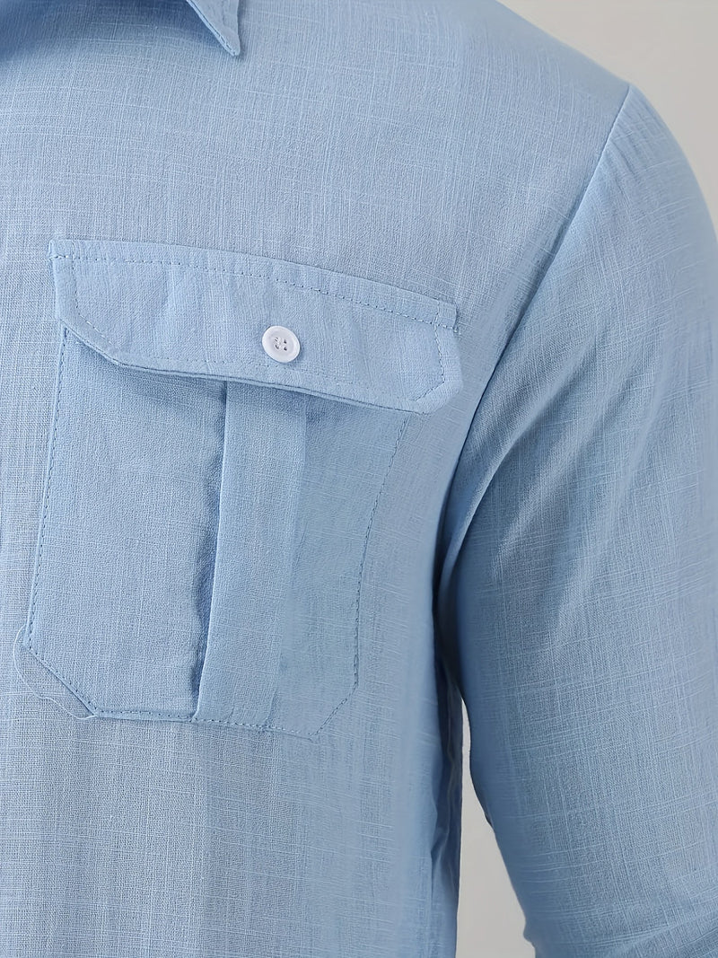 Men's light Blue Lapels Long-sleeved Shirt