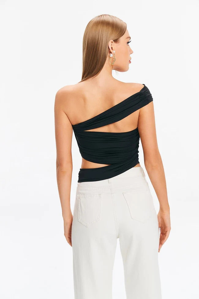 Women's Slim Pleated Oblique Shoulder Strap Top