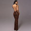 Women's Leopard Print Backless Slim Fit Maxi Dress