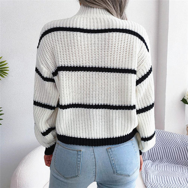 Women's Contrast Color Striped Half Turtleneck Pullover Sweater