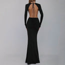 Women's V-neck Backless Long Sleeves Flower Split Long Dress