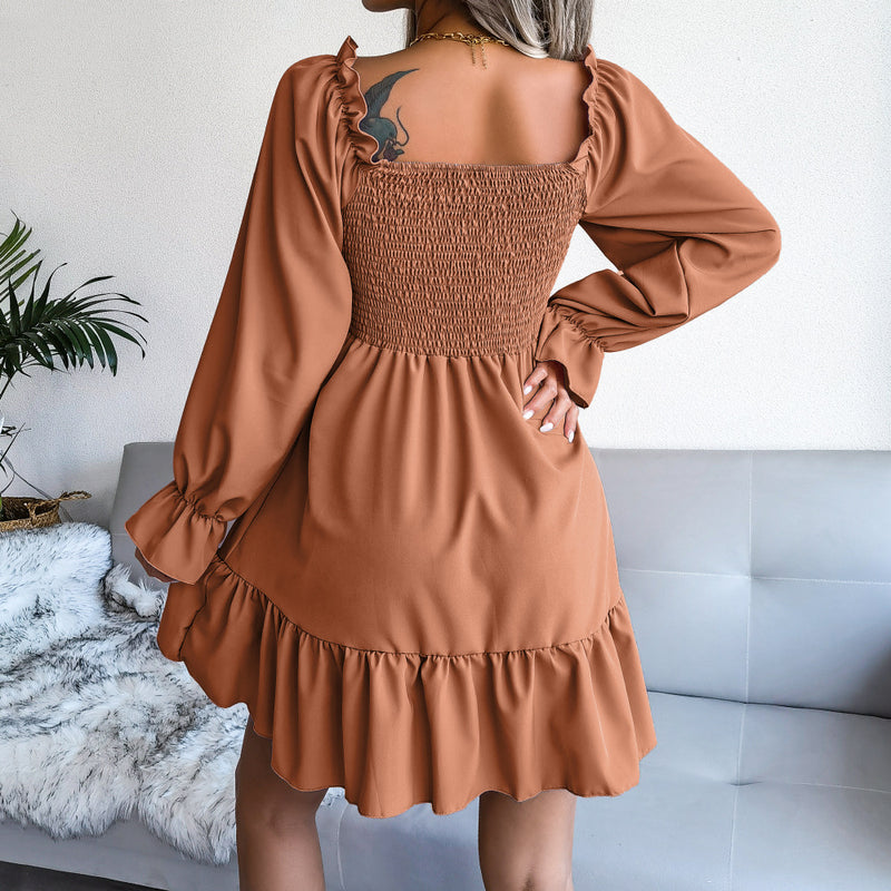 Women's Flared Long Sleeve Square Neck Ruffled Swing Dress