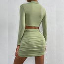 Women's Cutout Long Sleeve Pleated Cropped Top + Skirt Set