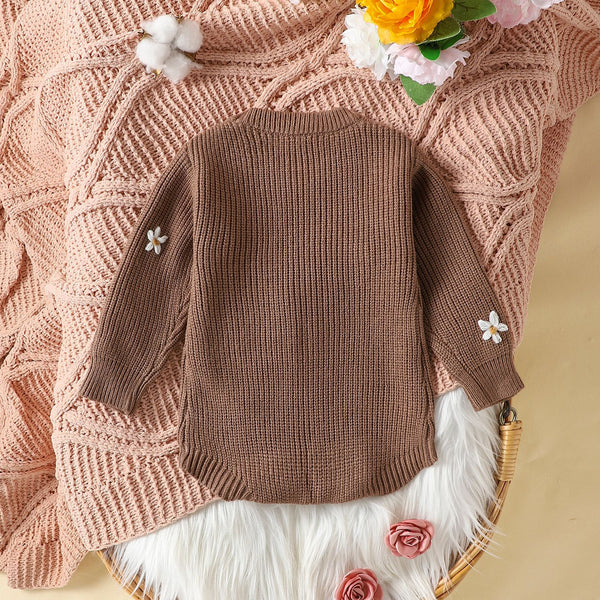 Infant Casual Flower Embroidered Long Sleeve Sweater One Piece