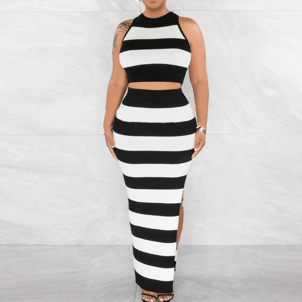 Women's Striped Printed Slit Skirt + Sleeveless Top Set