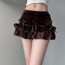 Women's Brown Bow Bandage High Waist Velvet Skirt