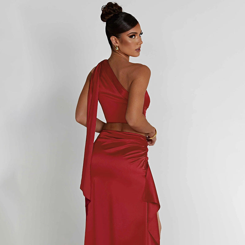 Women's One-shoulder Satin Short Top + High Waist Split Maxi Dress