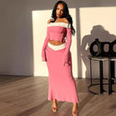 Women's Navel And Contrast Color Long Sleeve Top And Skirt Co-Ord