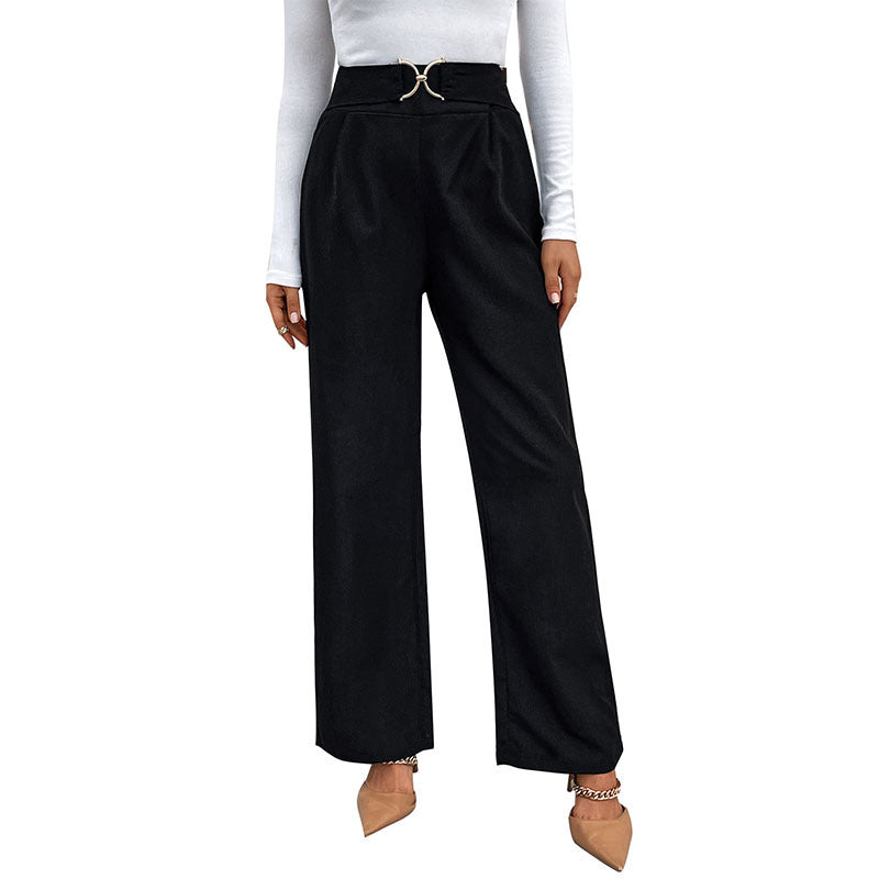 Women's Solid Color With Buckle High Waist Straight Pants