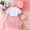 Girls White Stitching Love Short Sleeve Top + Pleated Skirt + Hat Sets