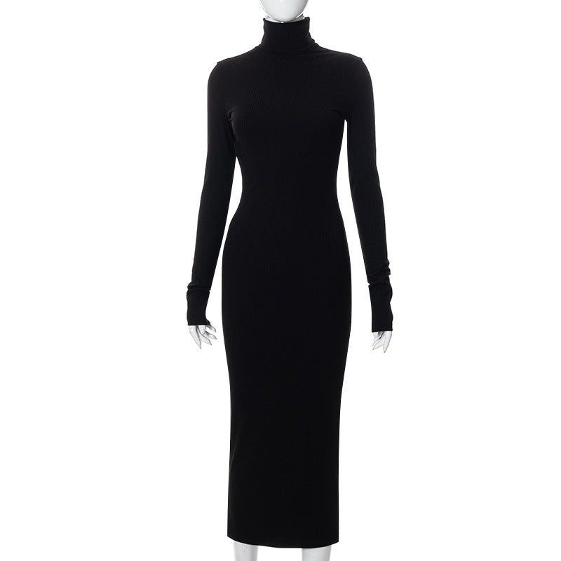 Women's Half-high Neck Long-sleeved Slim Thread Temperament Long Dress