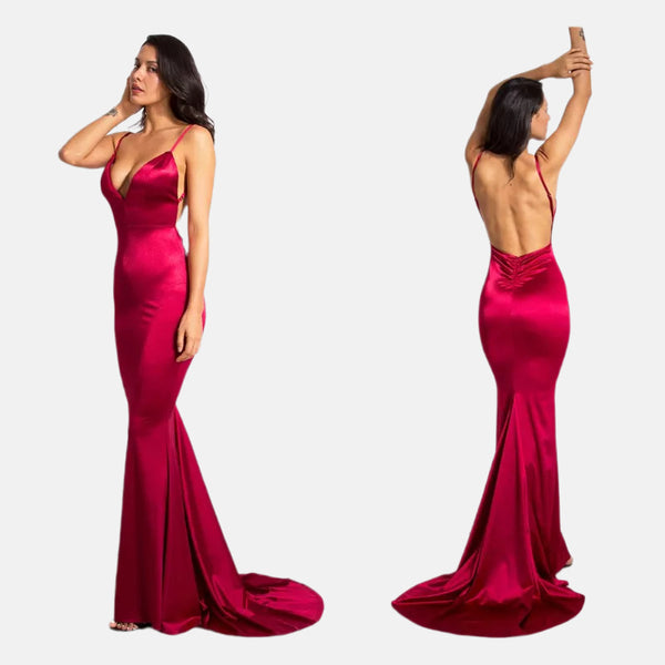 Women's Satin Strap V-neck Trailing Formal Swing Long Dress