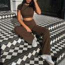 omen Ribbed O Neck Crop Top and Long Pants Set