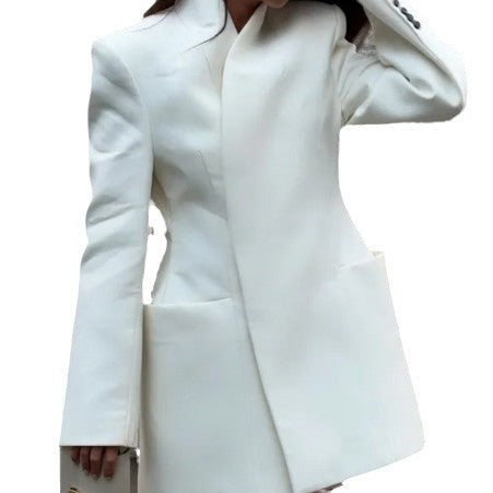 Women's White Elegant Padded Shoulder Suit Jacket