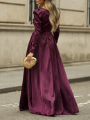 Women's Puff Sleeves V-neck Slit Maxi Dress