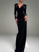 Women's V-neck Long-sleeved Black Velvet Maxi Dress