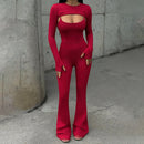 Women's Round Neck Long Sleeve Backless Tight Jumpsuit + Long Sleeve Top Set