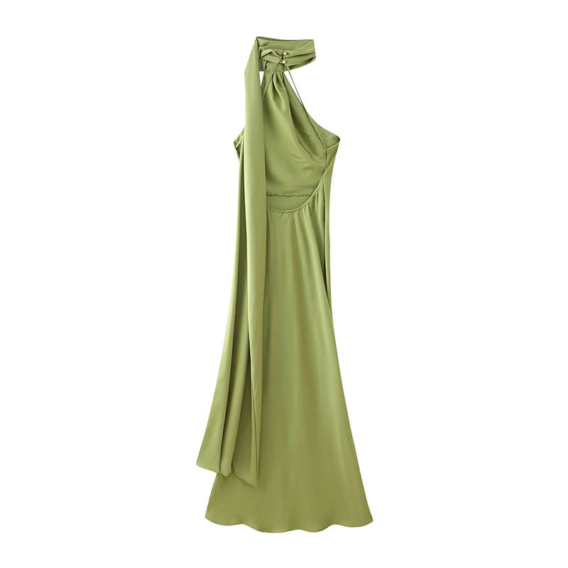 Women's Solid Color Silk Satin Texture Ribbon Halter Dress