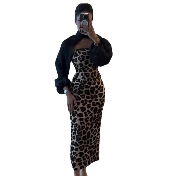 Women's Leopard Print Tube Top Hip Skirt Two-piece Set