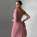 Women's Temperament Slim Fit Pleated One Shoulder Long-sleeved Maxi Dress