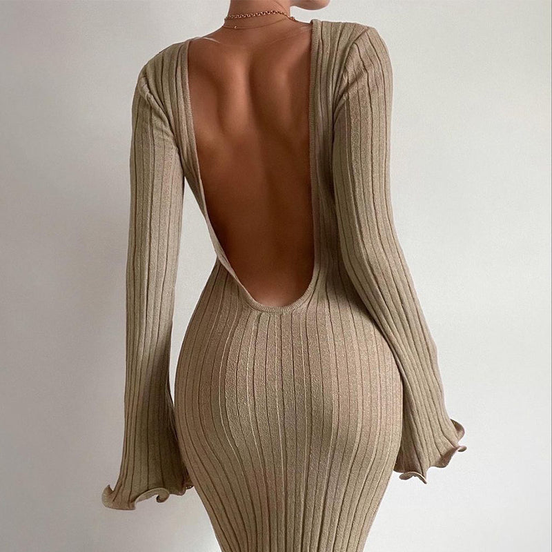 Women's Slim Long-sleeved Ruffled Hip-wrapped Back-less Knitted Maxi Dress