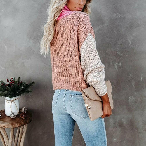 Patchwork Turtleneck Women Knitted Sweater