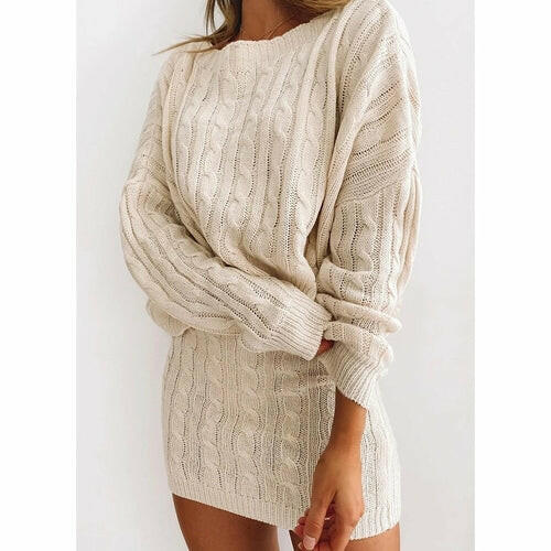 Sexy Long Sleeve Knitted Sweater and Skirt Sweater Set