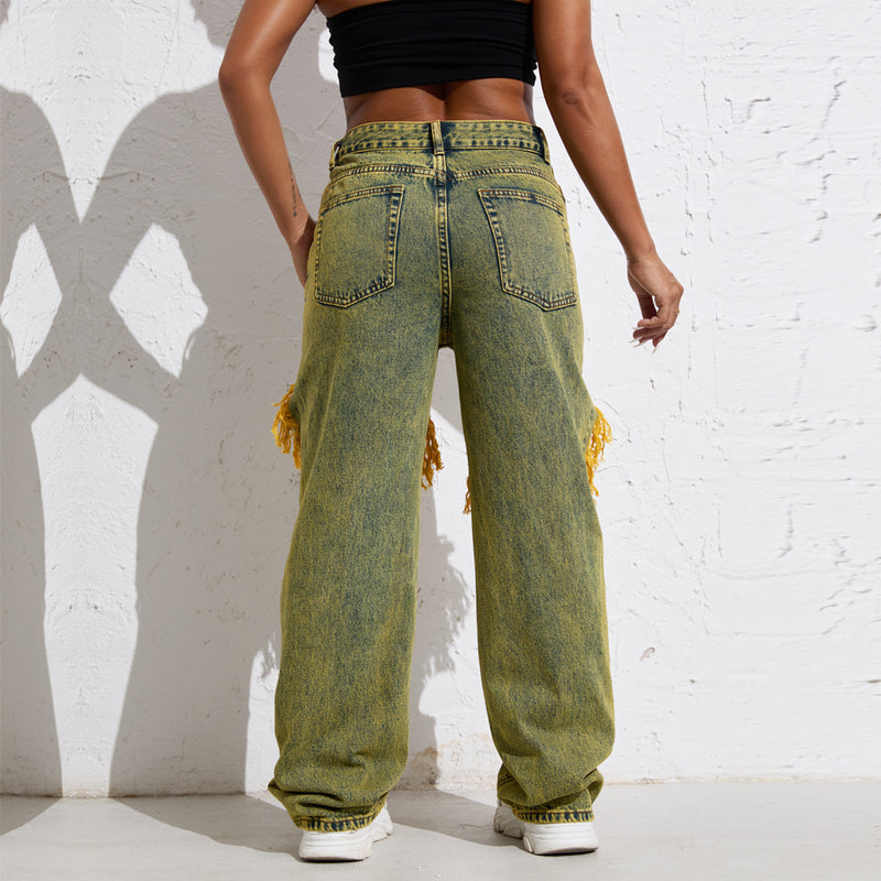 Women's Yellow Ripped Split Loose Straight Jeans