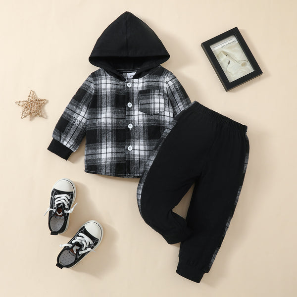 Boys Classic Plaid Hooded Long Sleeve Jumper And long Pants Co-Ord