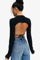 Women's Crop Solid Tie Backless Curved Hem Top