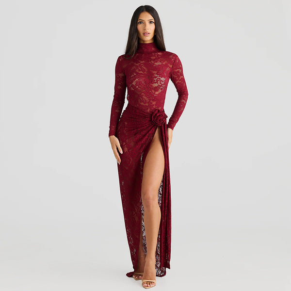 Women's Slim-fit See-through Turtleneck Bare Back Maxi Dress