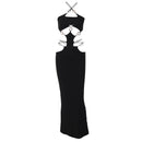 Women's Low-cut Circle Splicing Hanging Neck Halter Backless Slit Dress