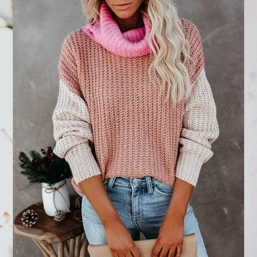 Patchwork Turtleneck Women Knitted Sweater