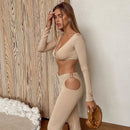 Women's V-Neck Solid Color Long Sleeve Bra Top + High Waist Hollow Leggings Set