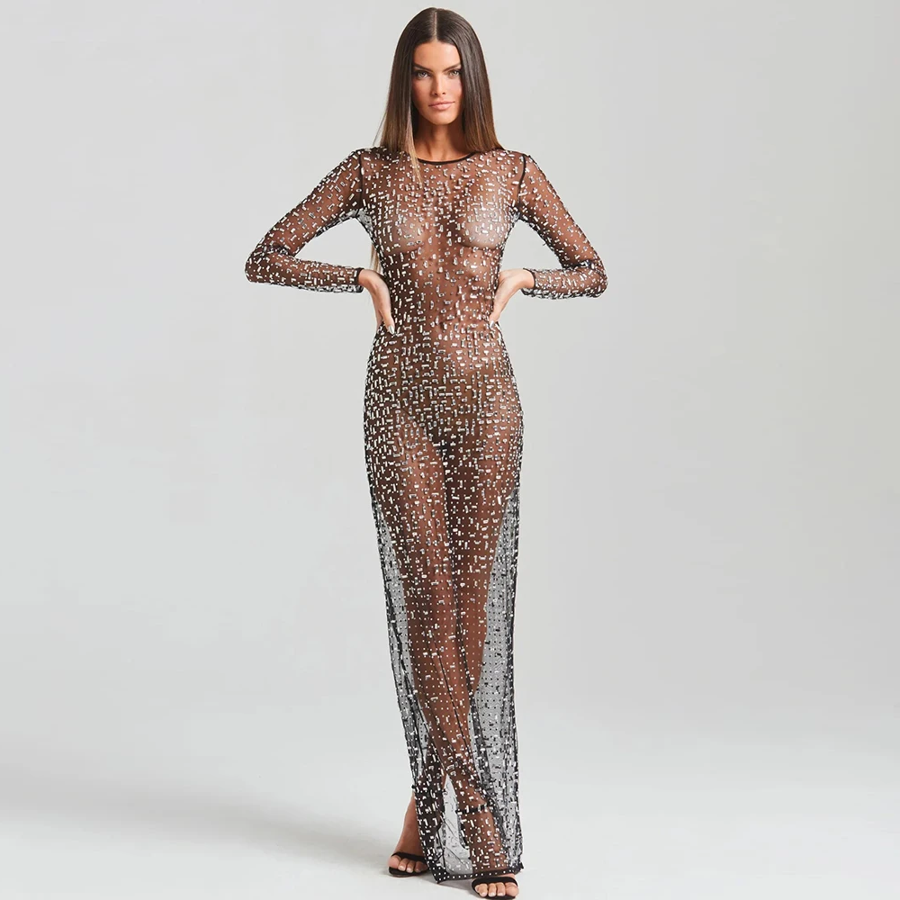 Sexy O Neck Mesh Crystal Diamond Long Dress.